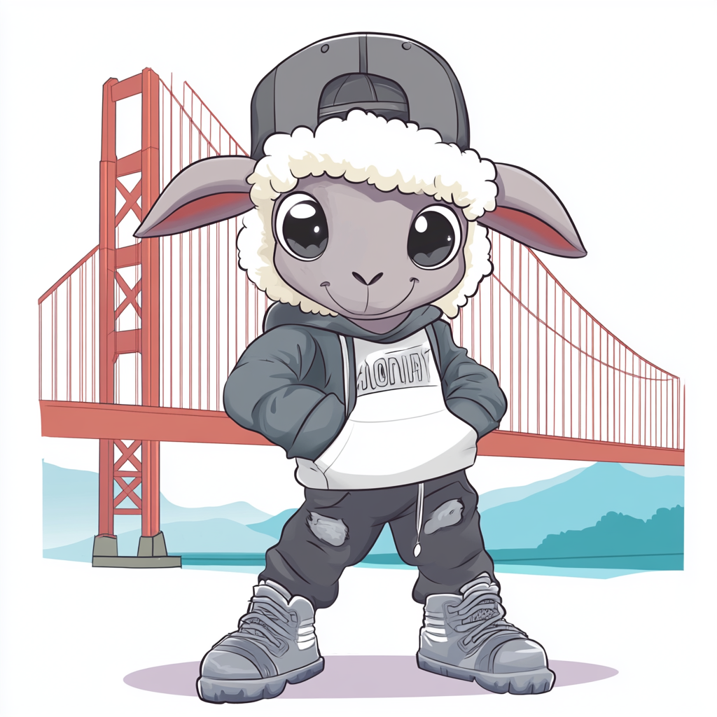 Friendly sheep in hip hop clothes at Golden Gate.