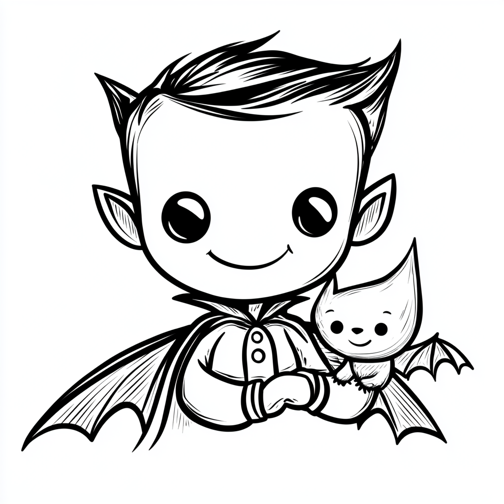 Friendly vampire smiling while holding a small bat gently.