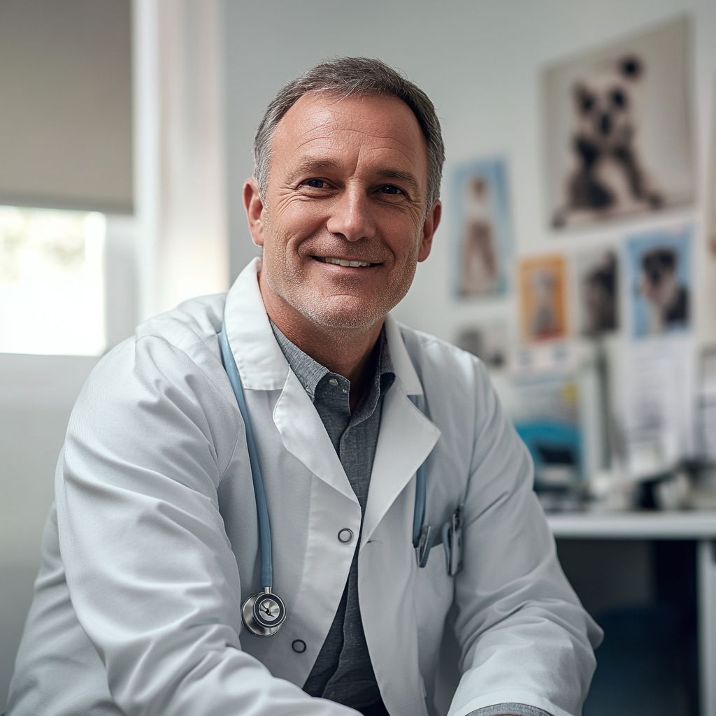 Friendly vet in modern office smiling at camera.