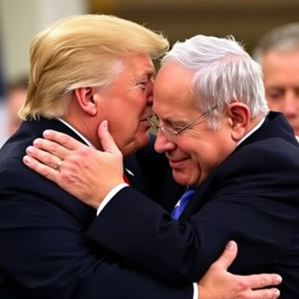 Friends, Trump and Netanyahu, hugging and crying.