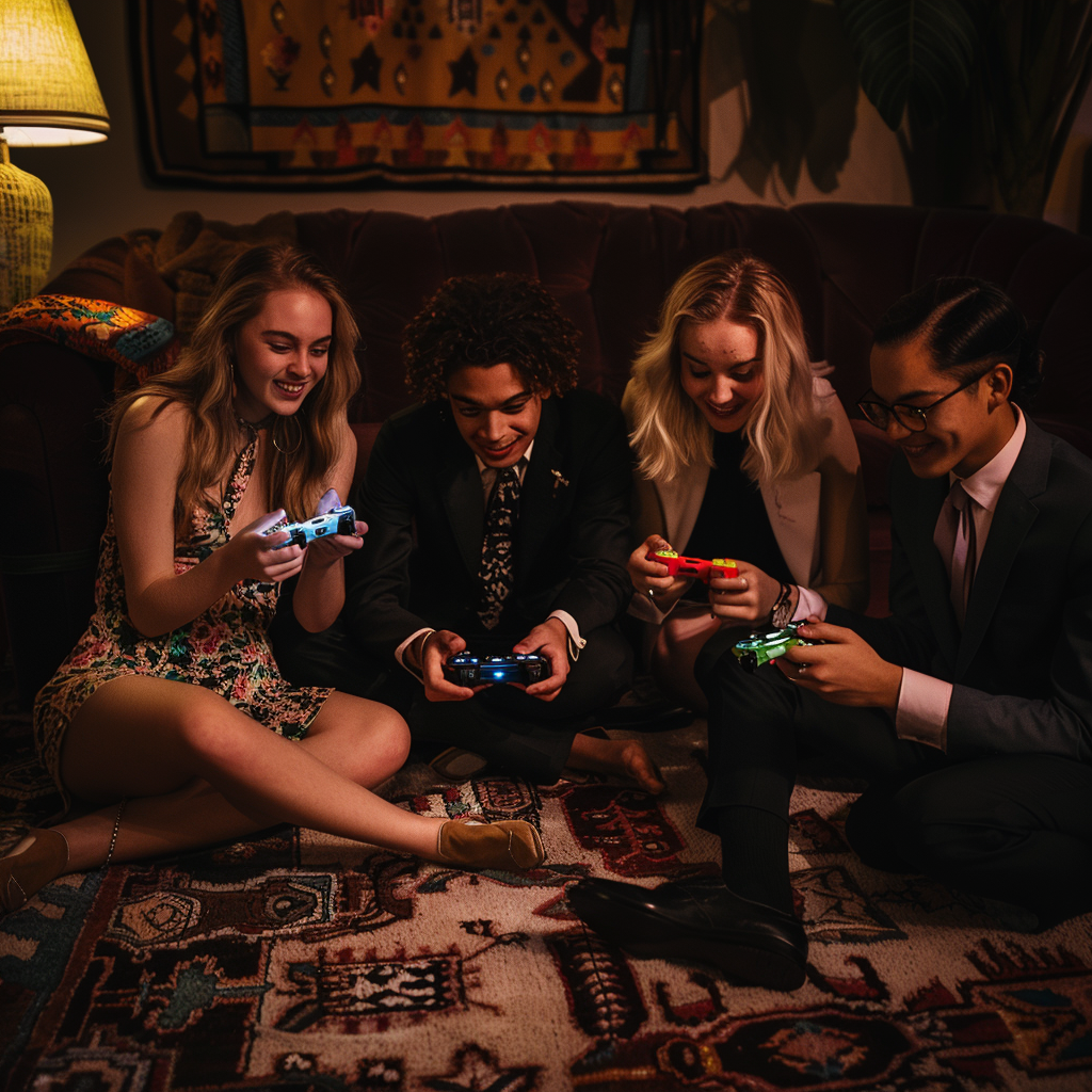 Friends Playing Video Games in Stylish Attire