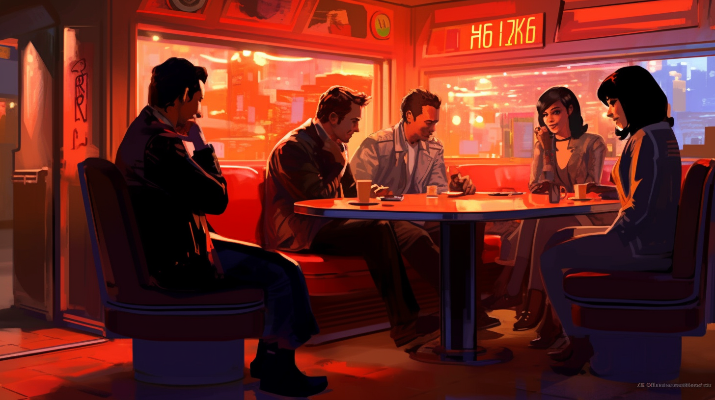 Friends at retro diner booth, passing joint, enjoying night.