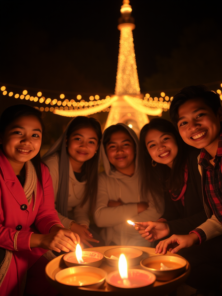 Friends celebrating Diwali with lights in Canada.