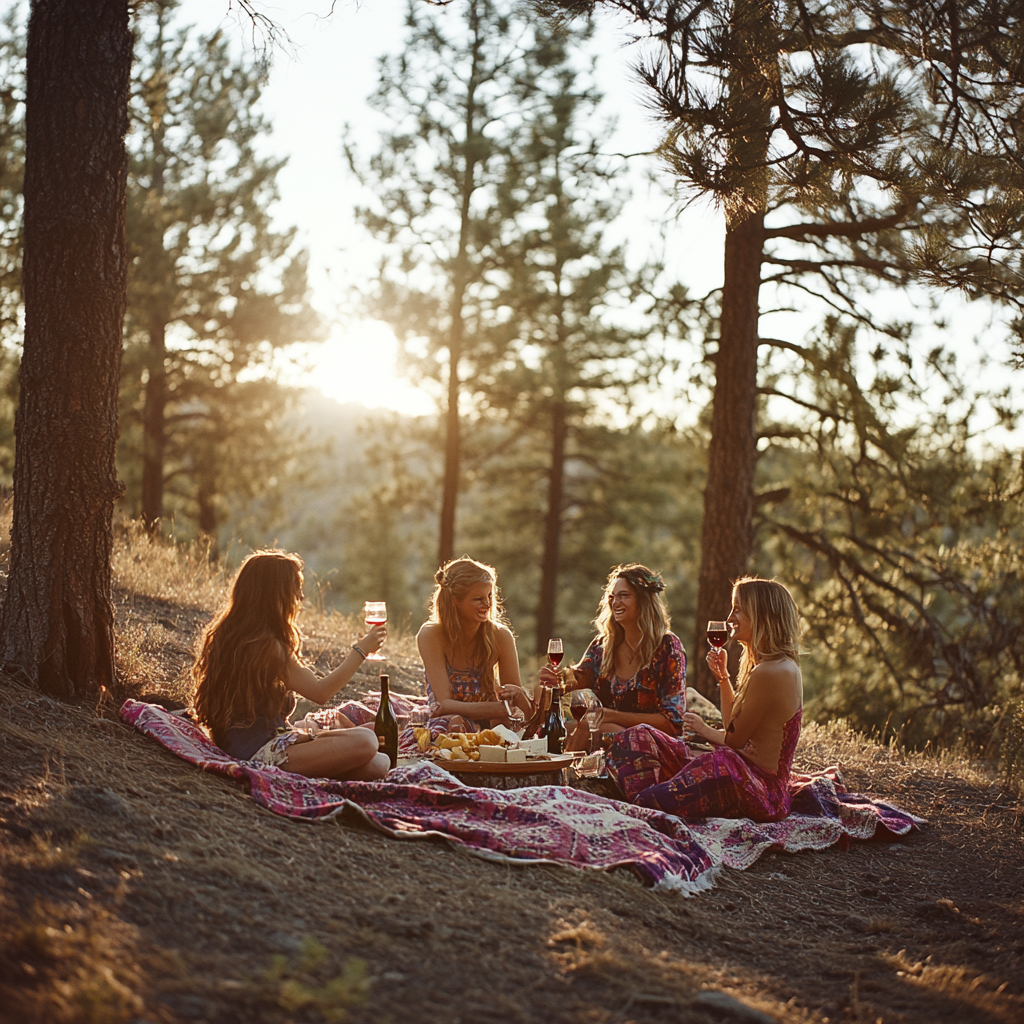 Friends enjoy sunset picnic in forest with wine