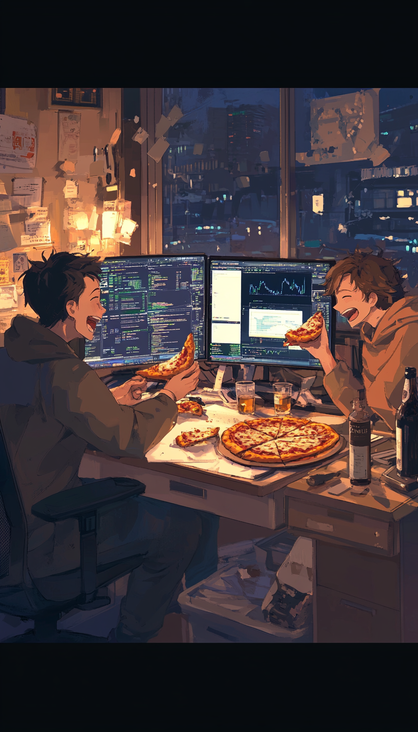 Friends enjoying pizza and whiskey, looking at forex charts.