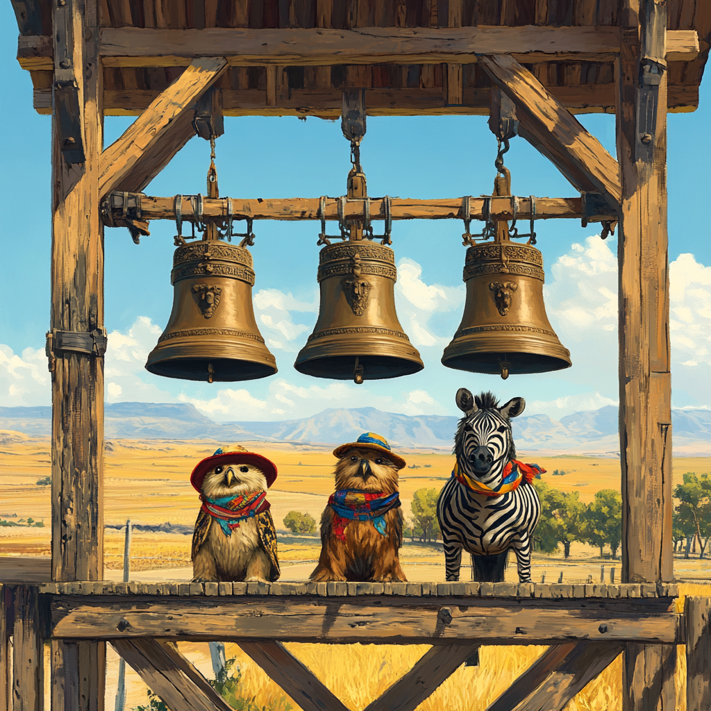 Friends in Mexican sombreros stand in rustic church tower.