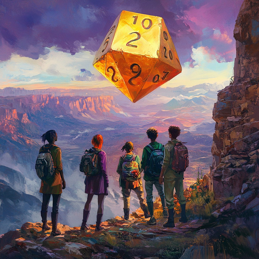 Friends on mountain trail amazed by giant dice.