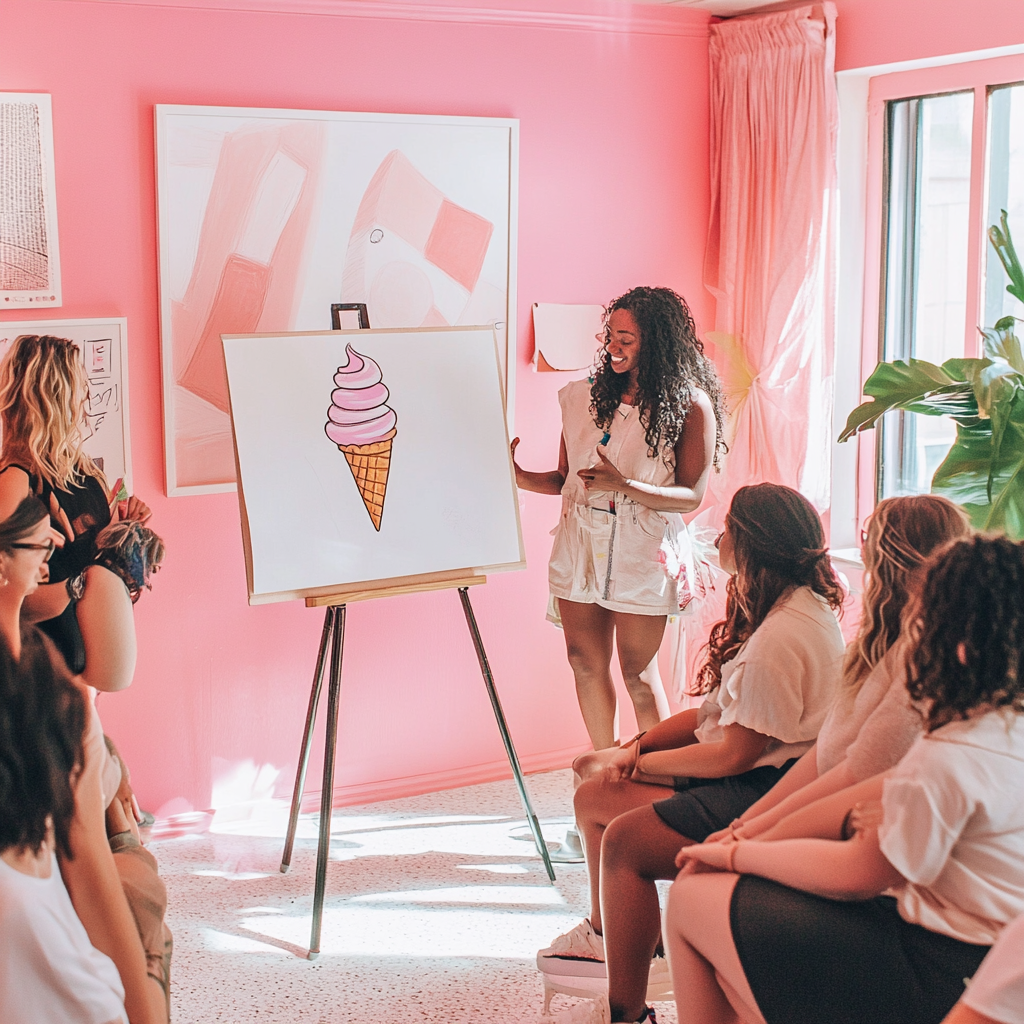 Friends playing Pictionary in pink room, drawing ice cream.