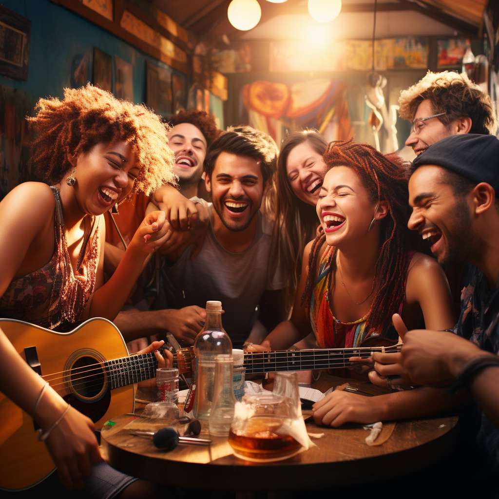 Friends playing music and dancing at Brazil bar.