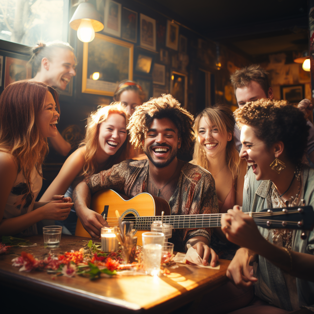 Friends playing music at bar in Brazil.