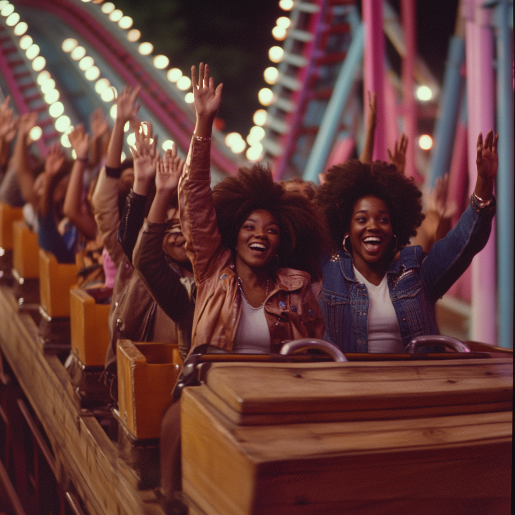 Friends ride a roller coaster at night