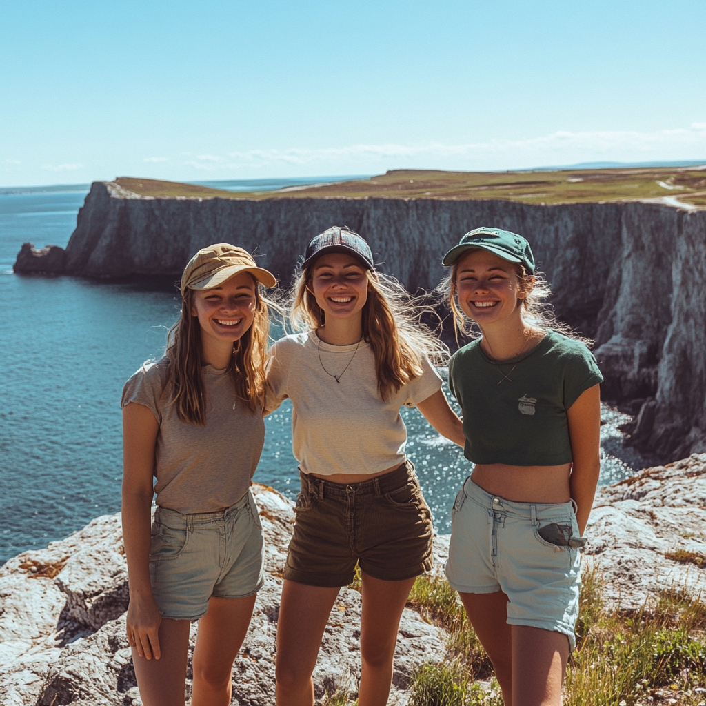 Friends smiling on rocky coast under bright blue sky.