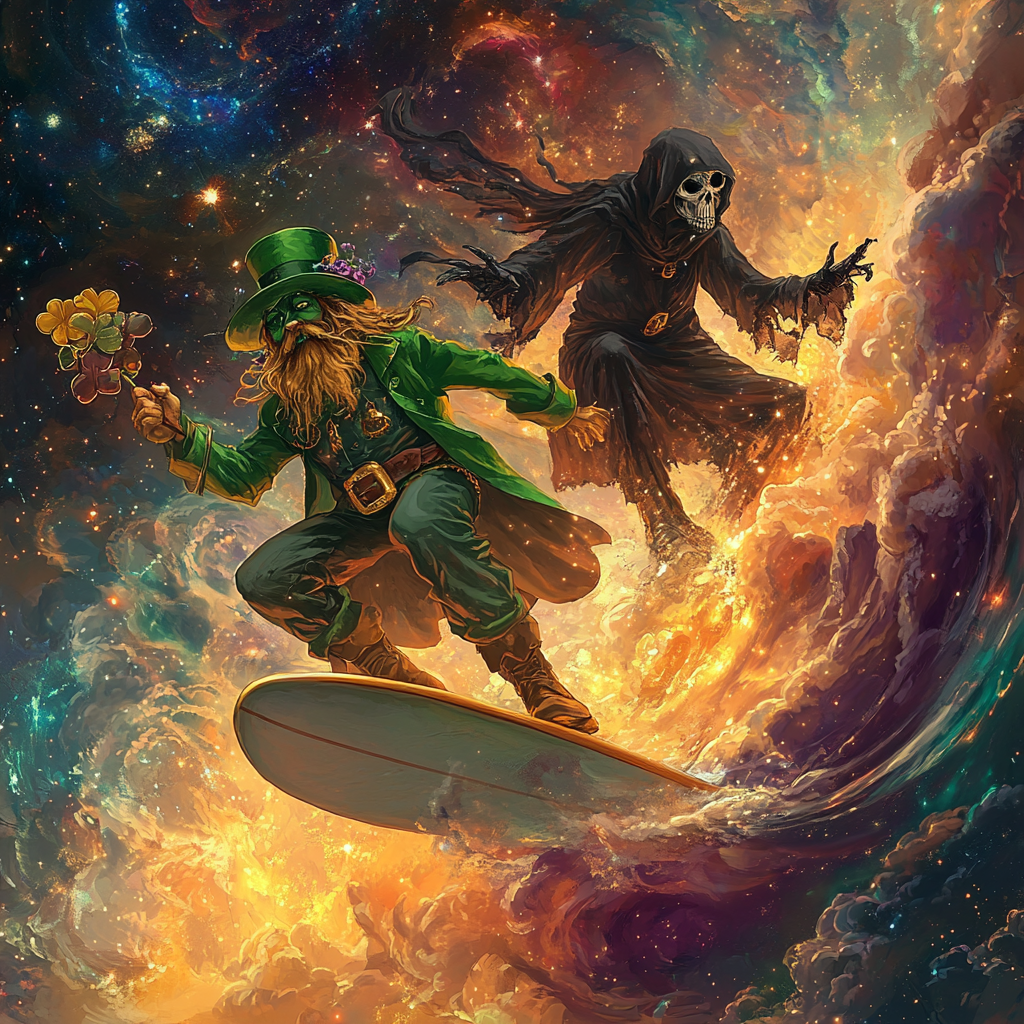 Friends surfing through cosmos: Leprechaun and Grim Reaper