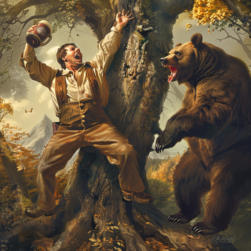 Frightened man in tree escaping angry bear. Traditional German.