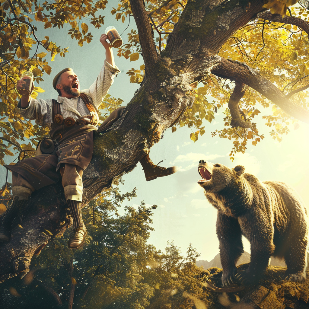 Frightened man in tree trying to escape bear.