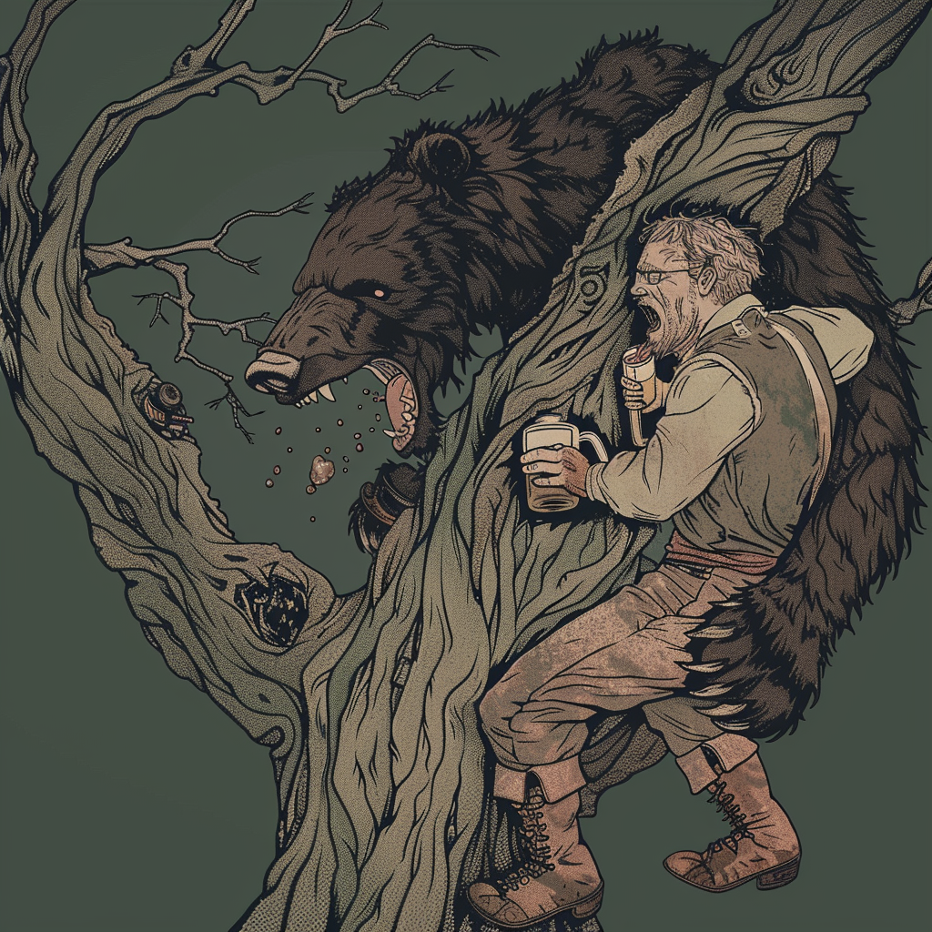 Frightened man in tree with bear and beer mug.