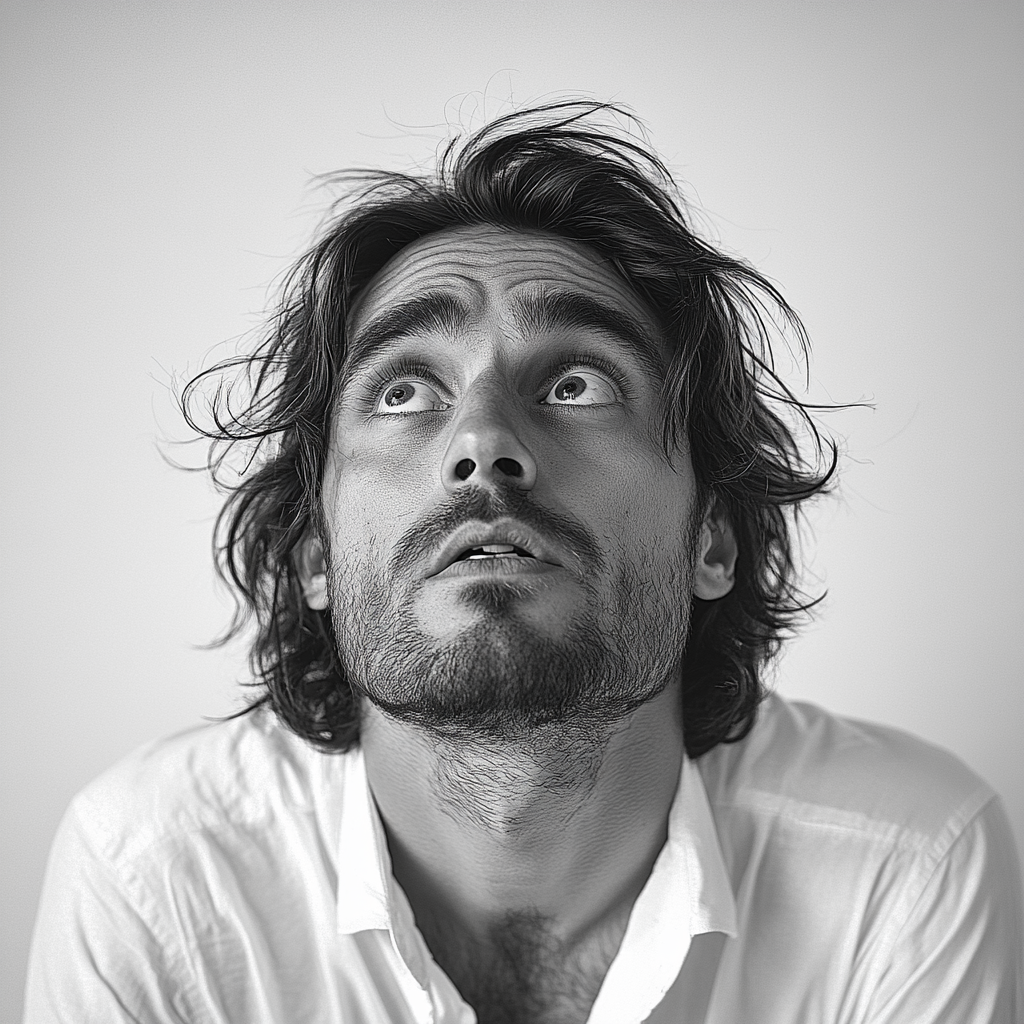 Frightened man with messy hair in white shirt portrait