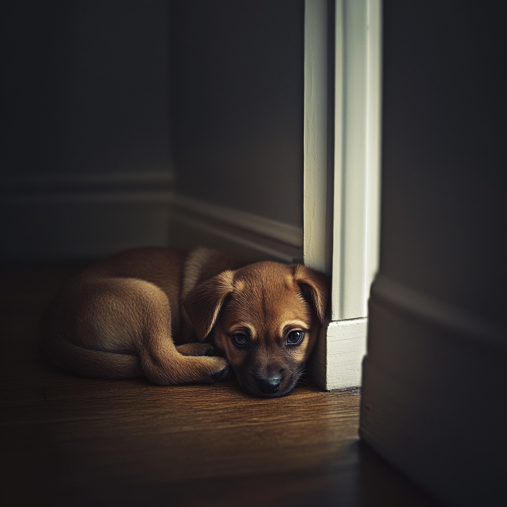 Frightened puppy with sad eyes in dimly lit room.