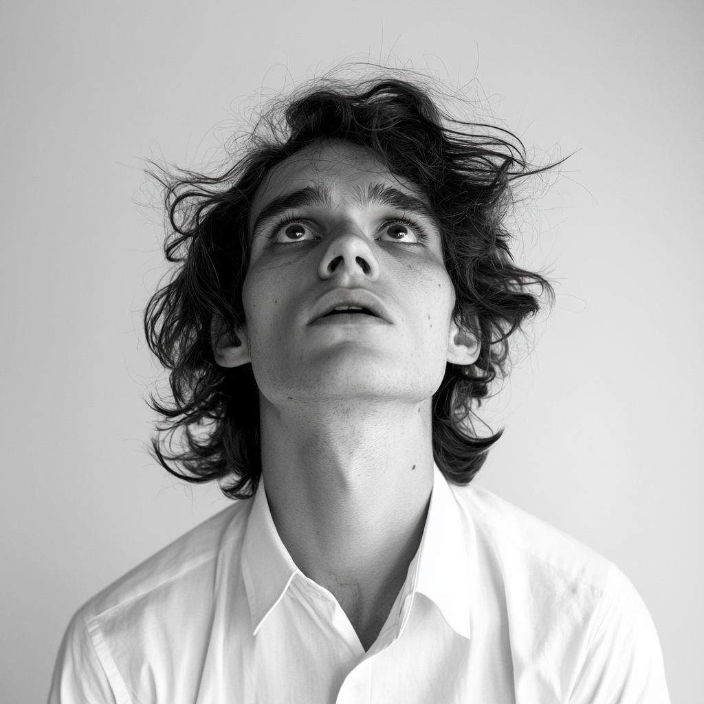 Frightened young man with long hair, white shirt, headshot.