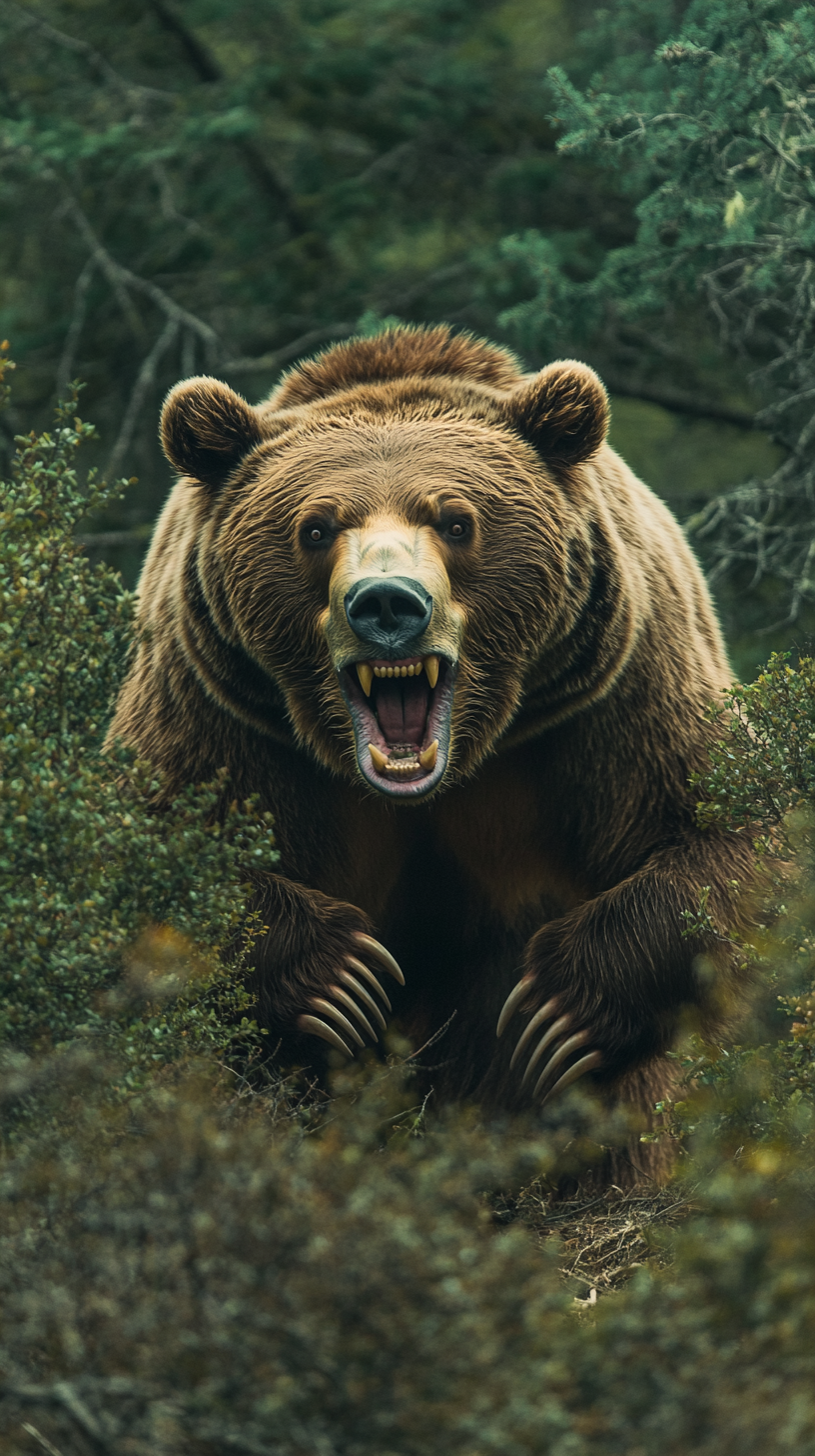 Frightening Brown Bear Attacks in Gloomy Forest