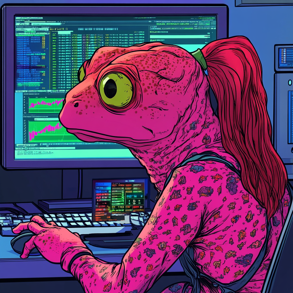 Frog with Red Skin and Hair Looking at Crypto Chart 