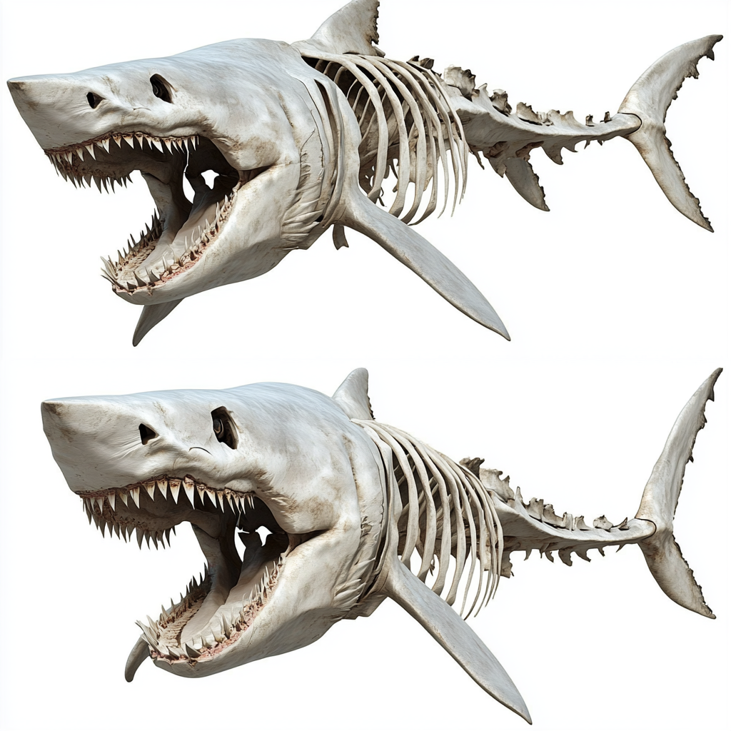 Front and rear views of great white shark skeleton.