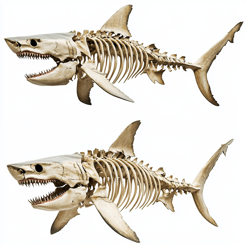 Front and rear views of shark skeleton with open mouth.