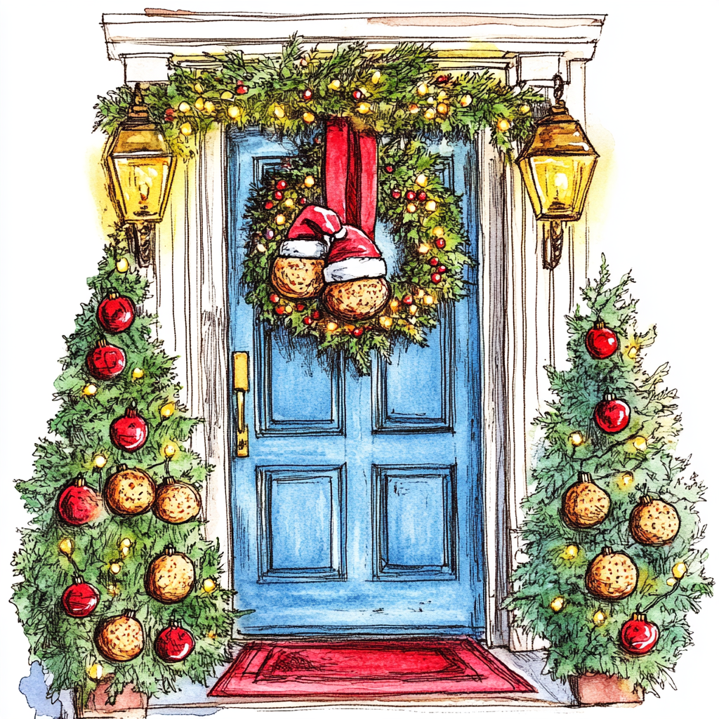 Front door with Christmas lights and falafel Santa balls.