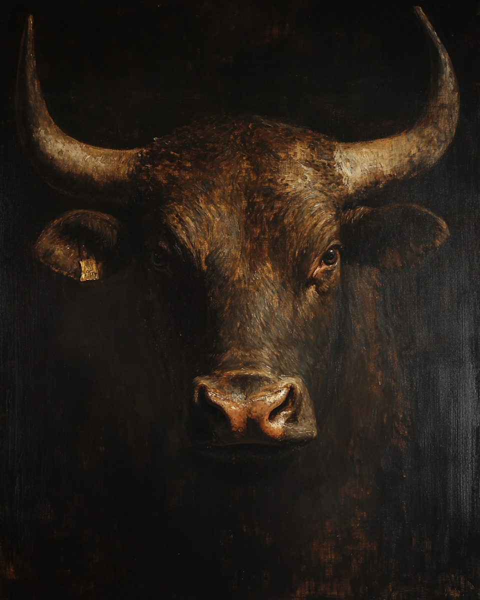 Front view Rembrandt painting realistic portrait bull AR 4:5