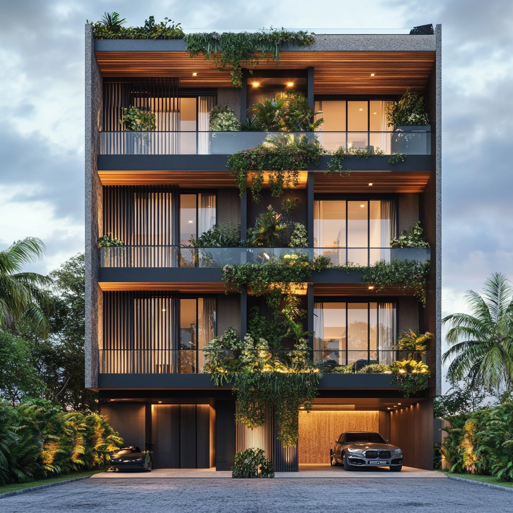 Front view of 8 levels modern building with penthouse.