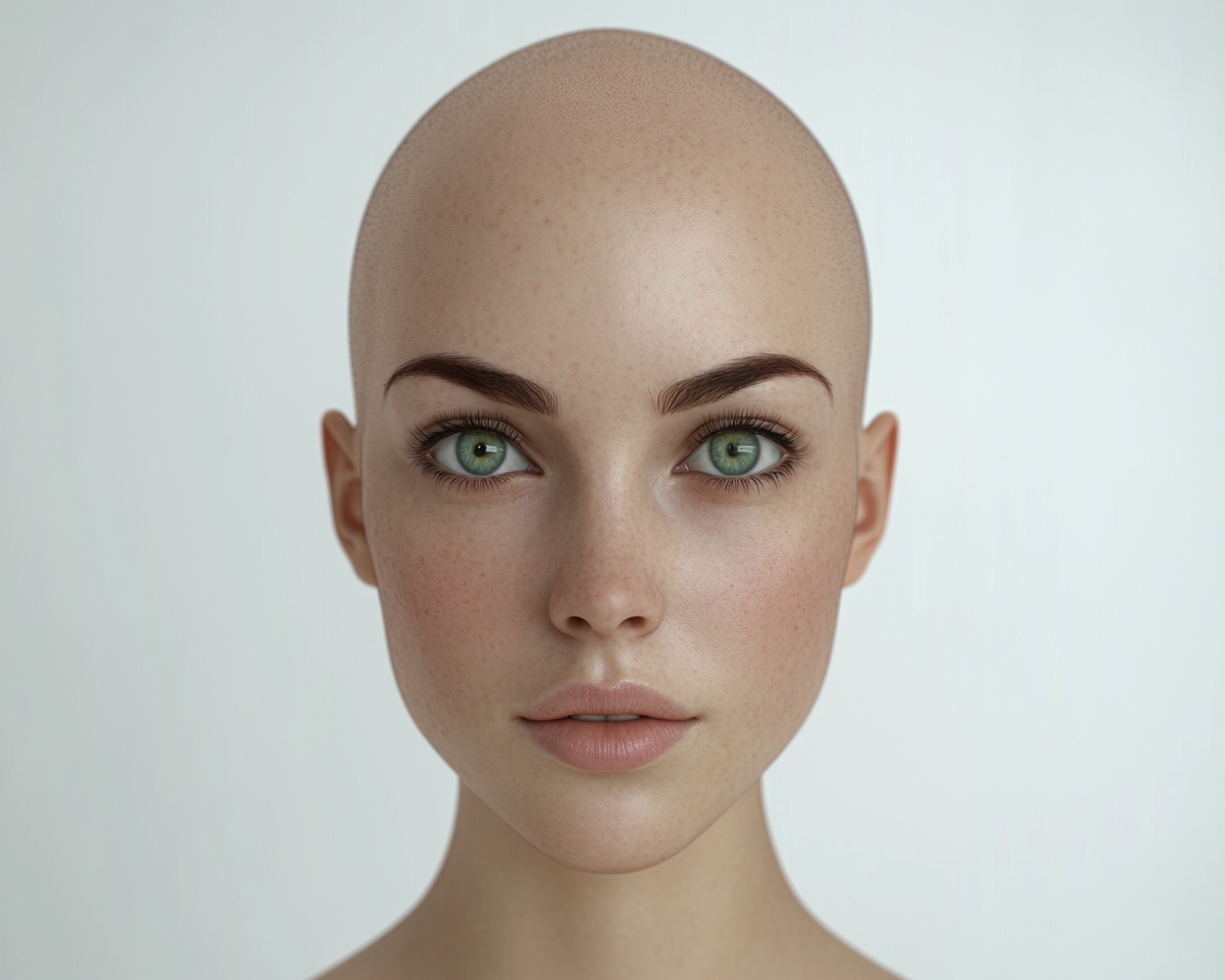 Front view of bald woman with blue-green eyes.