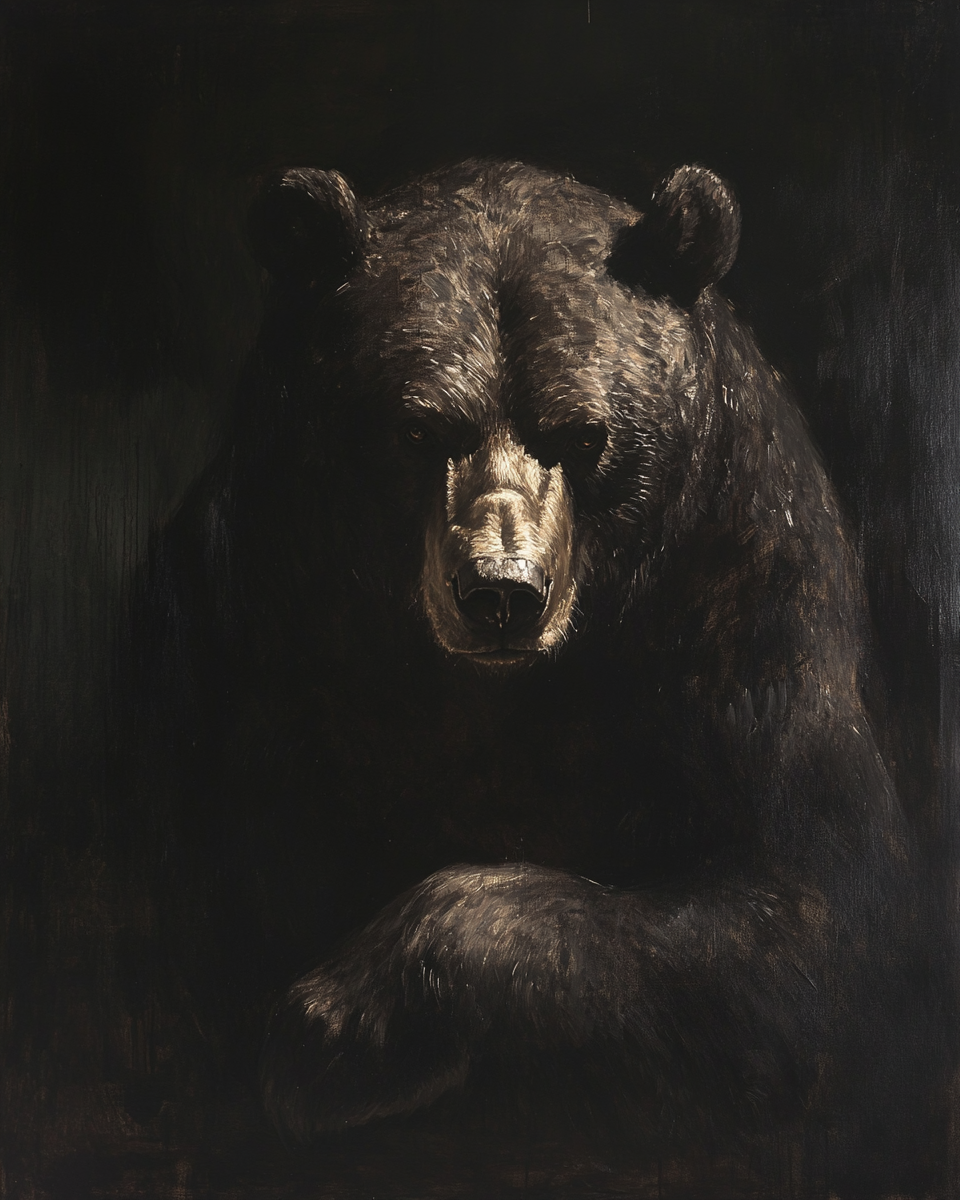 Front view portrait of massive bear, realistic Rembrandt style