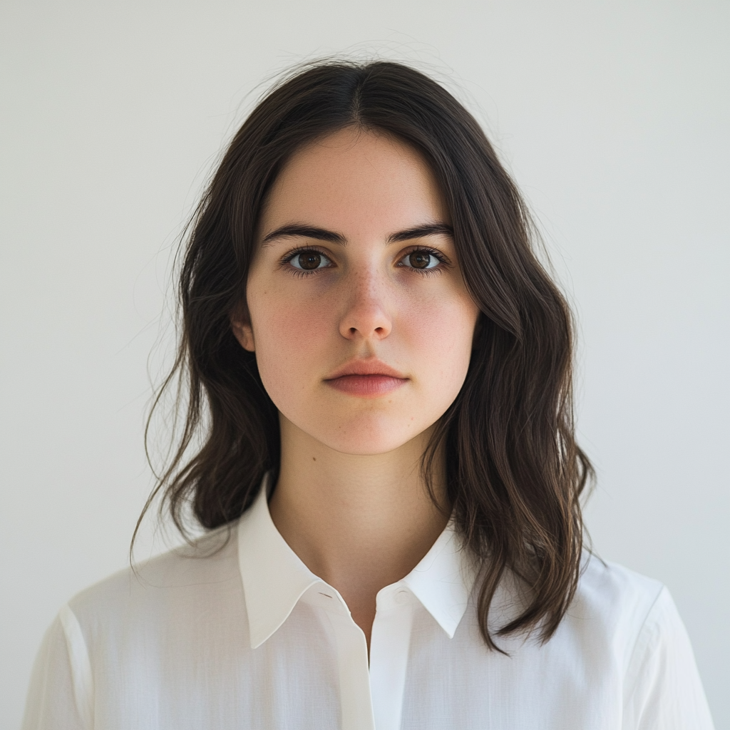 Frontal shot of young woman with dark hair.