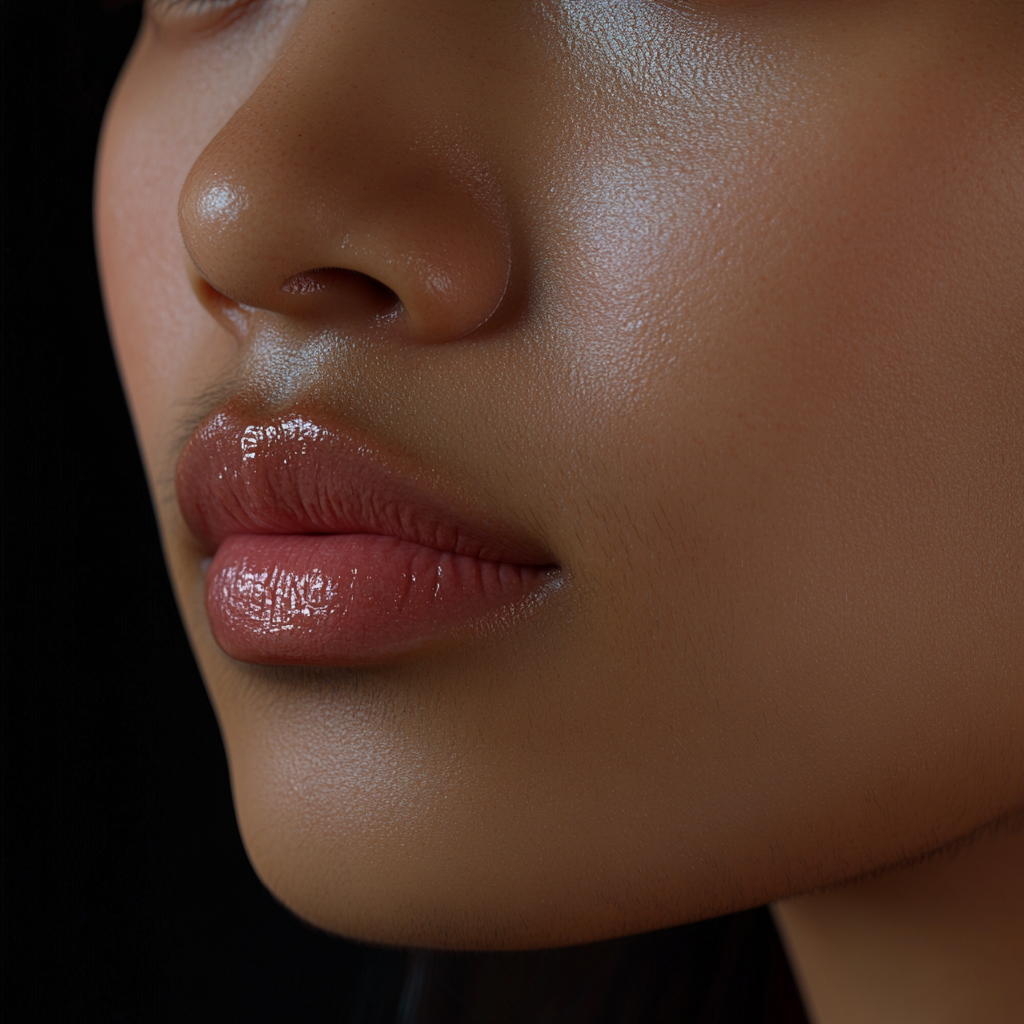 Frontal view of woman's plump pink lips.