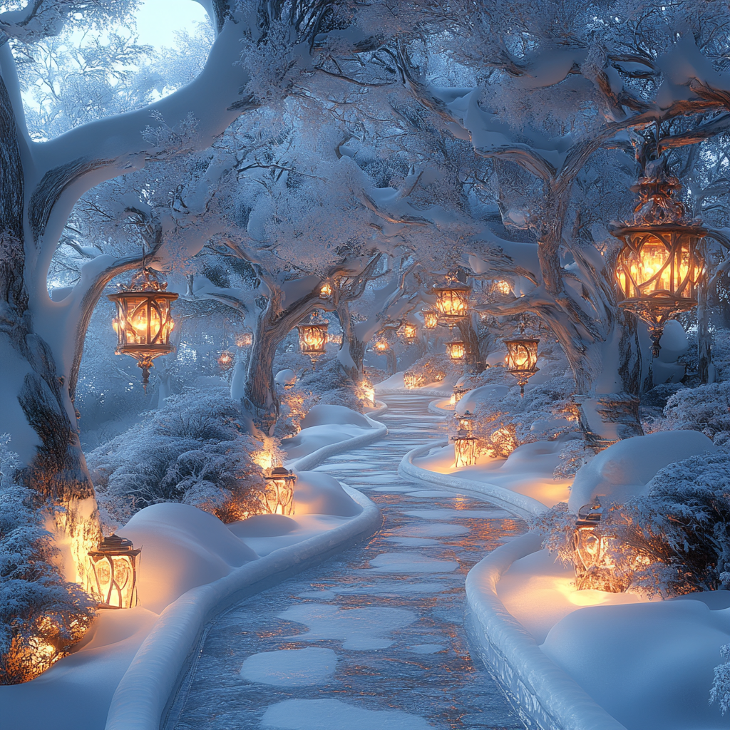 Frozen Gardens: Serene Snowscape with Ethereal Ice Sculptures 