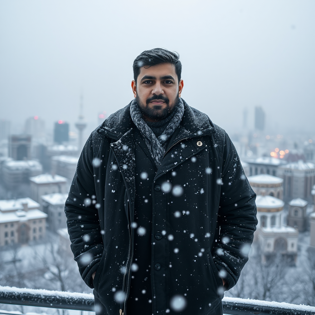 Frozen Tehran: Iranian man standing in snowstorm.