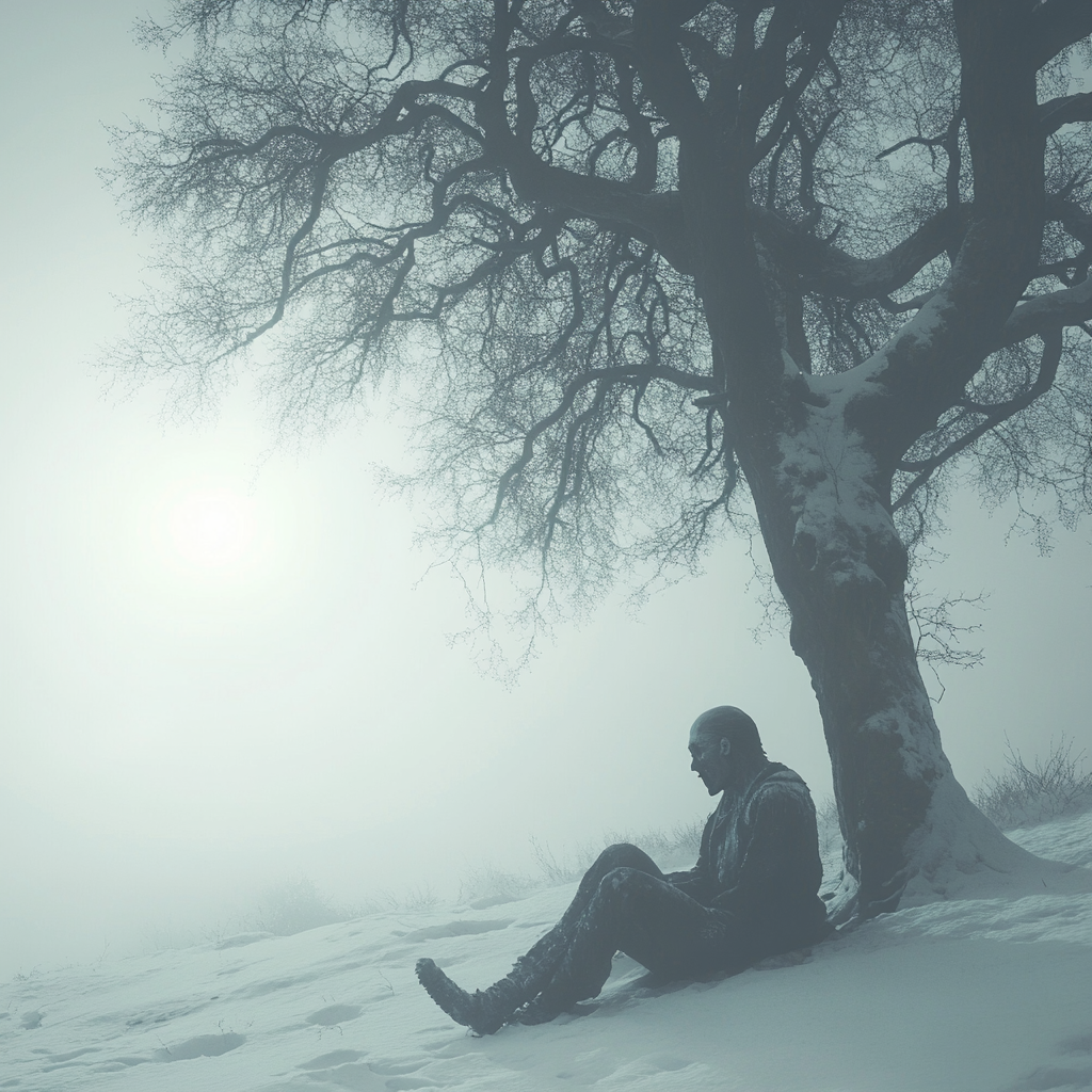 Frozen Zombie Under Tree in Winter Snowstorm Scene.