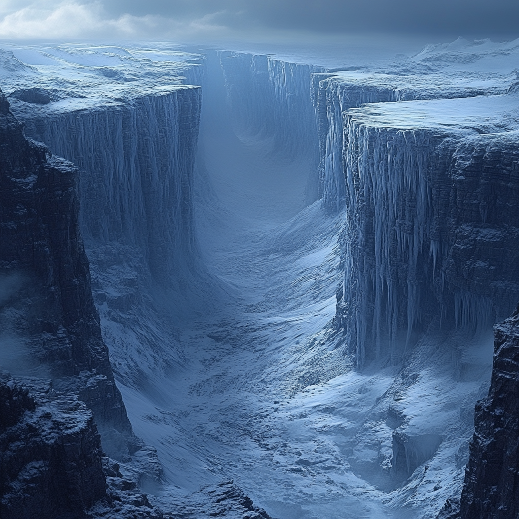 Frozen chasm, haunting, eerie, desolate, mysterious, uncanny, strange