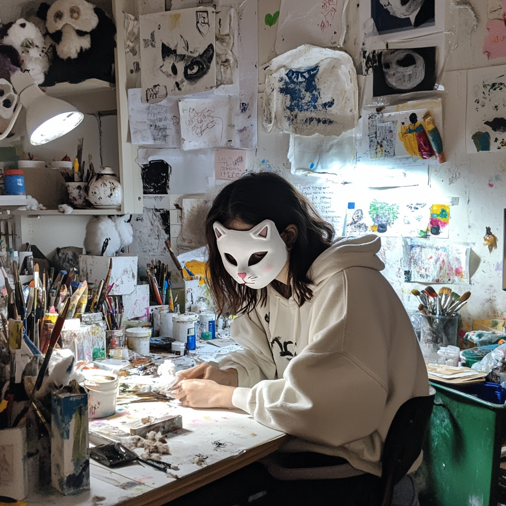 Frustrated 14-year-old girl making a white cat mask.