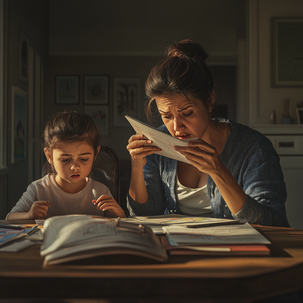 Frustrated Mother Helping Child with Homework, Modern Living Room