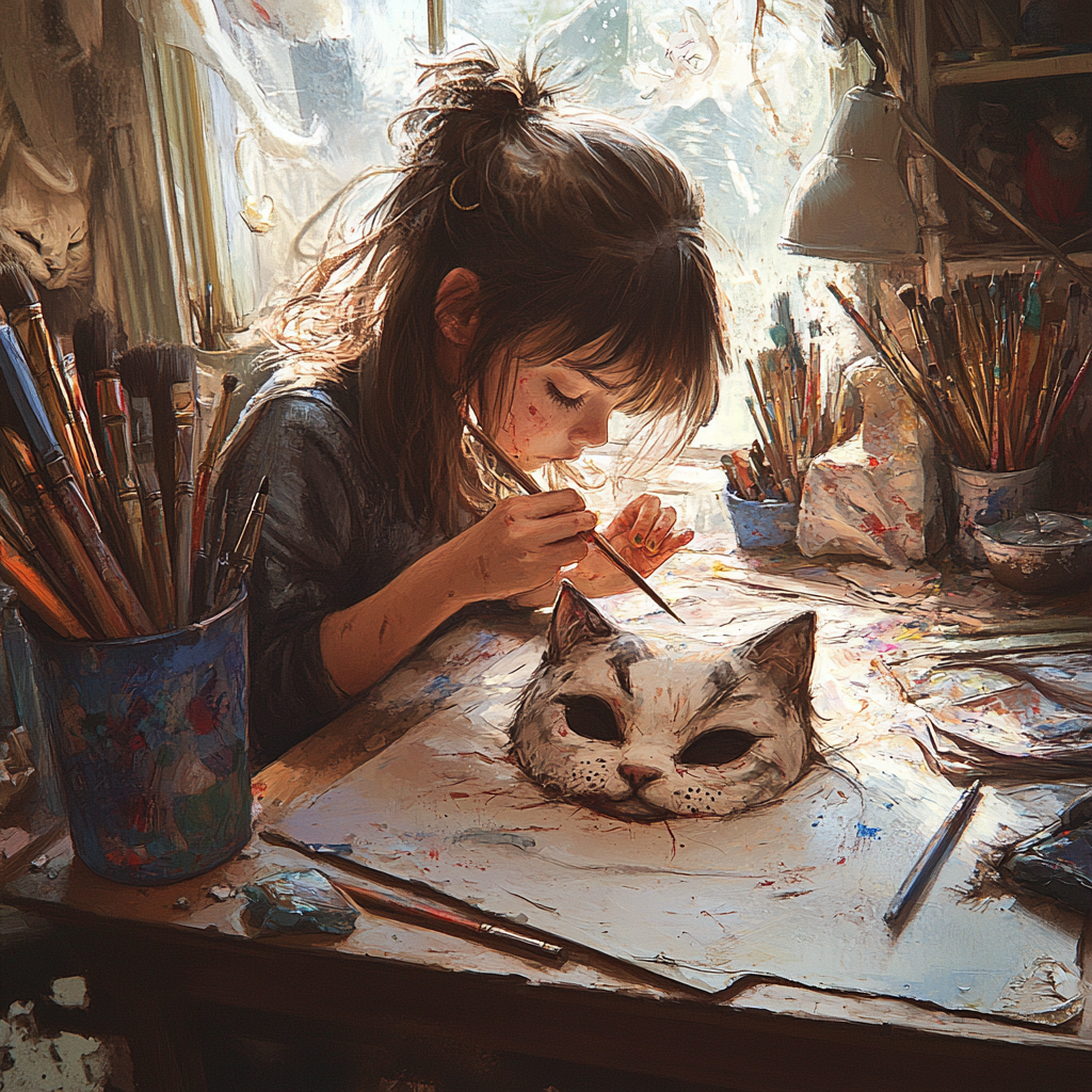 Frustrated girl painting messy cat mask with determination.