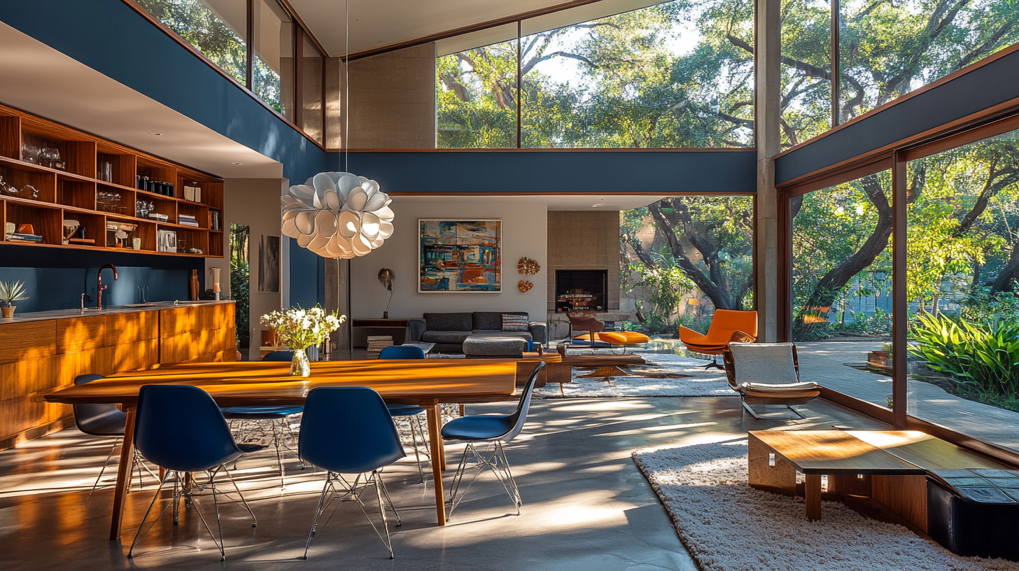 Fulfilled living room, dining table in mid-century style.