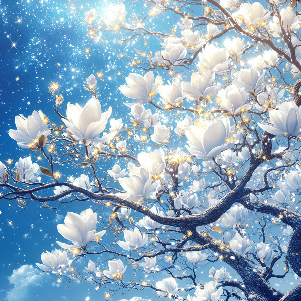 Full-Length Tree with Snow-White Fluffy Flowers and Golden Stars 