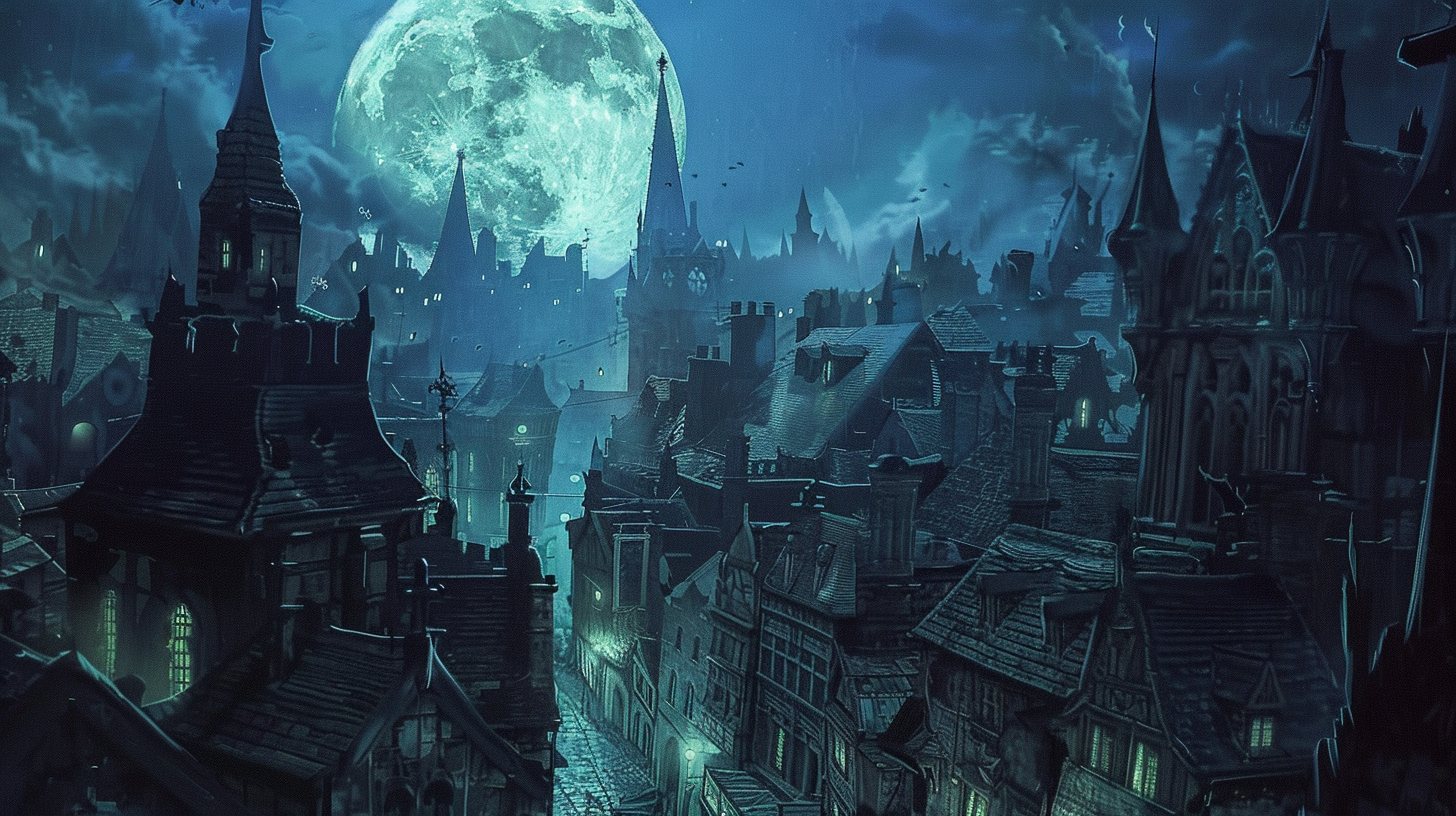 Full Moon Night with Victorian Vampires, Rooftops, Steeples