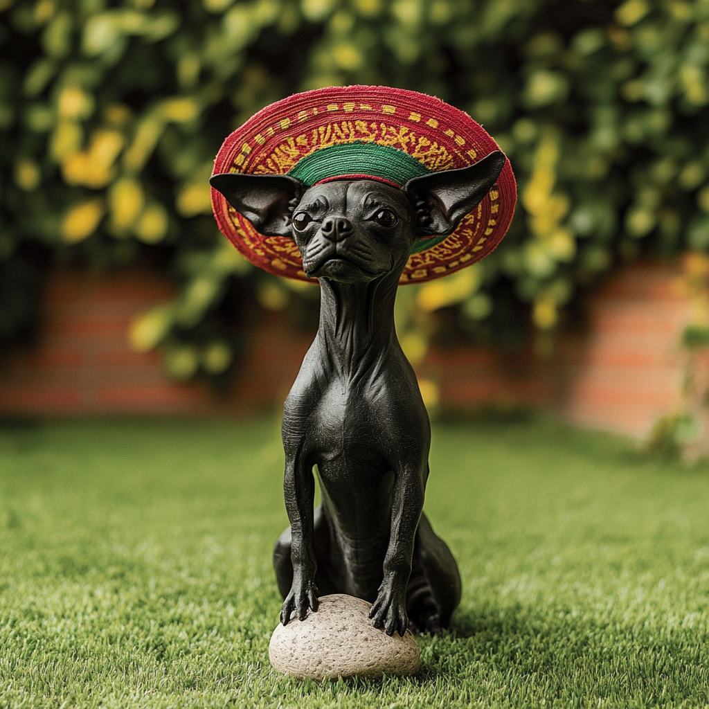 Full-body Xoloitzcuintli in Mexican hat on lawn with stone.