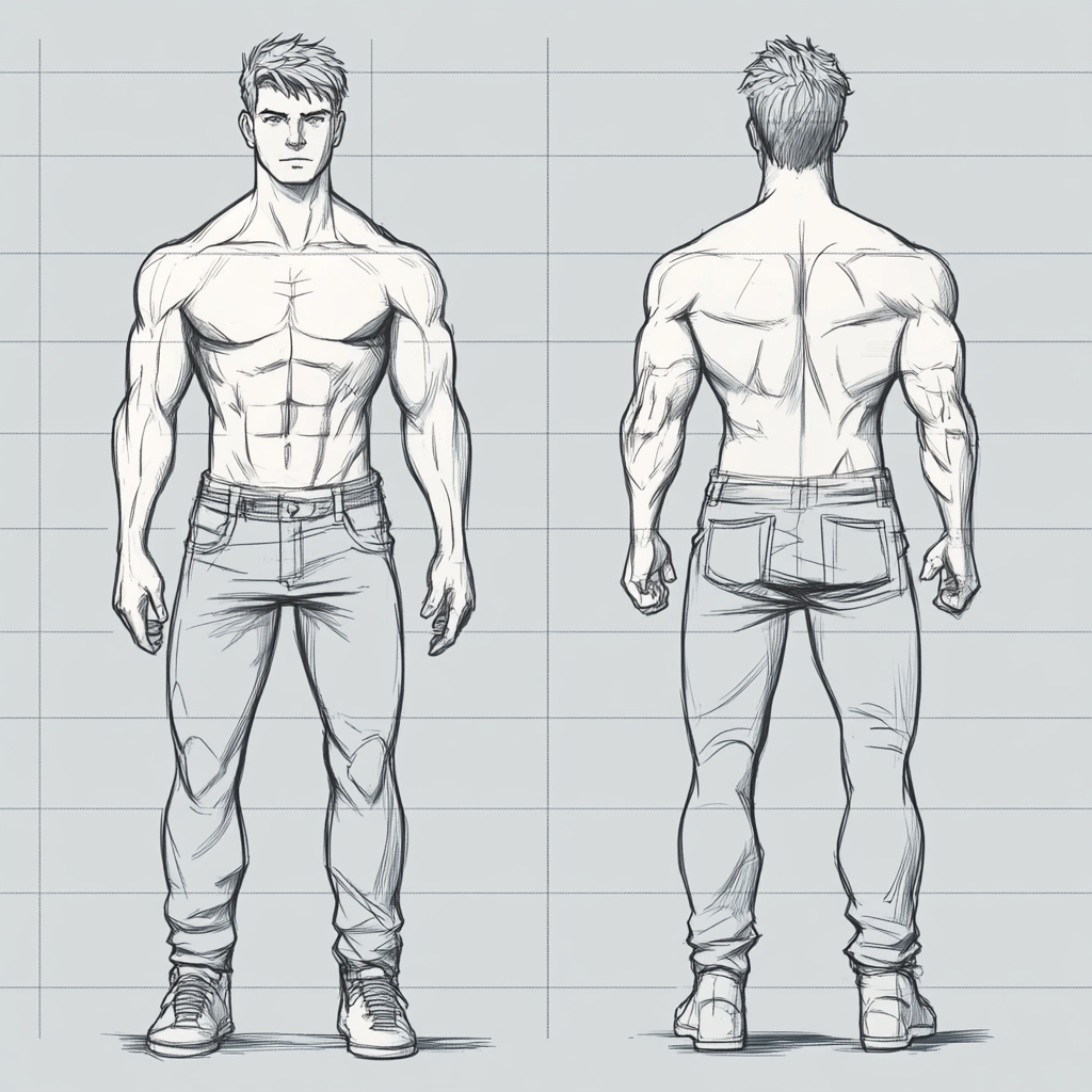 Full-body front-facing male image, 150 cm height, proportions emphasized.