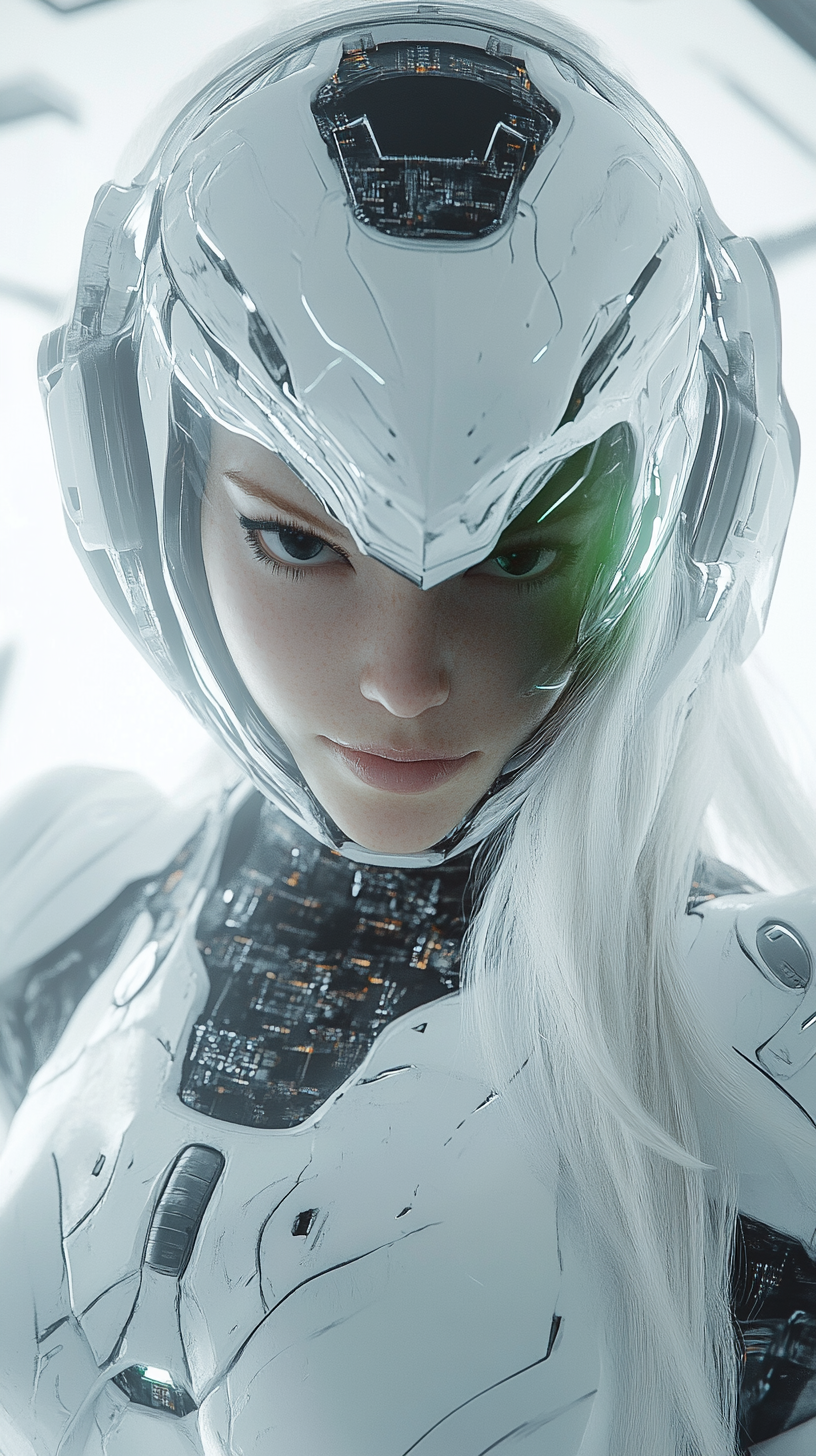 Full-body portrait of futuristic girl in metallic colors.