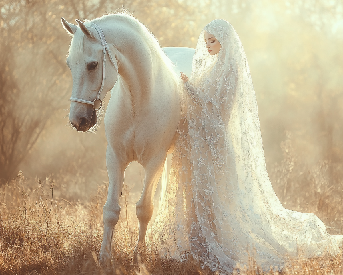 Full body portrait of white Arab horse and princess.