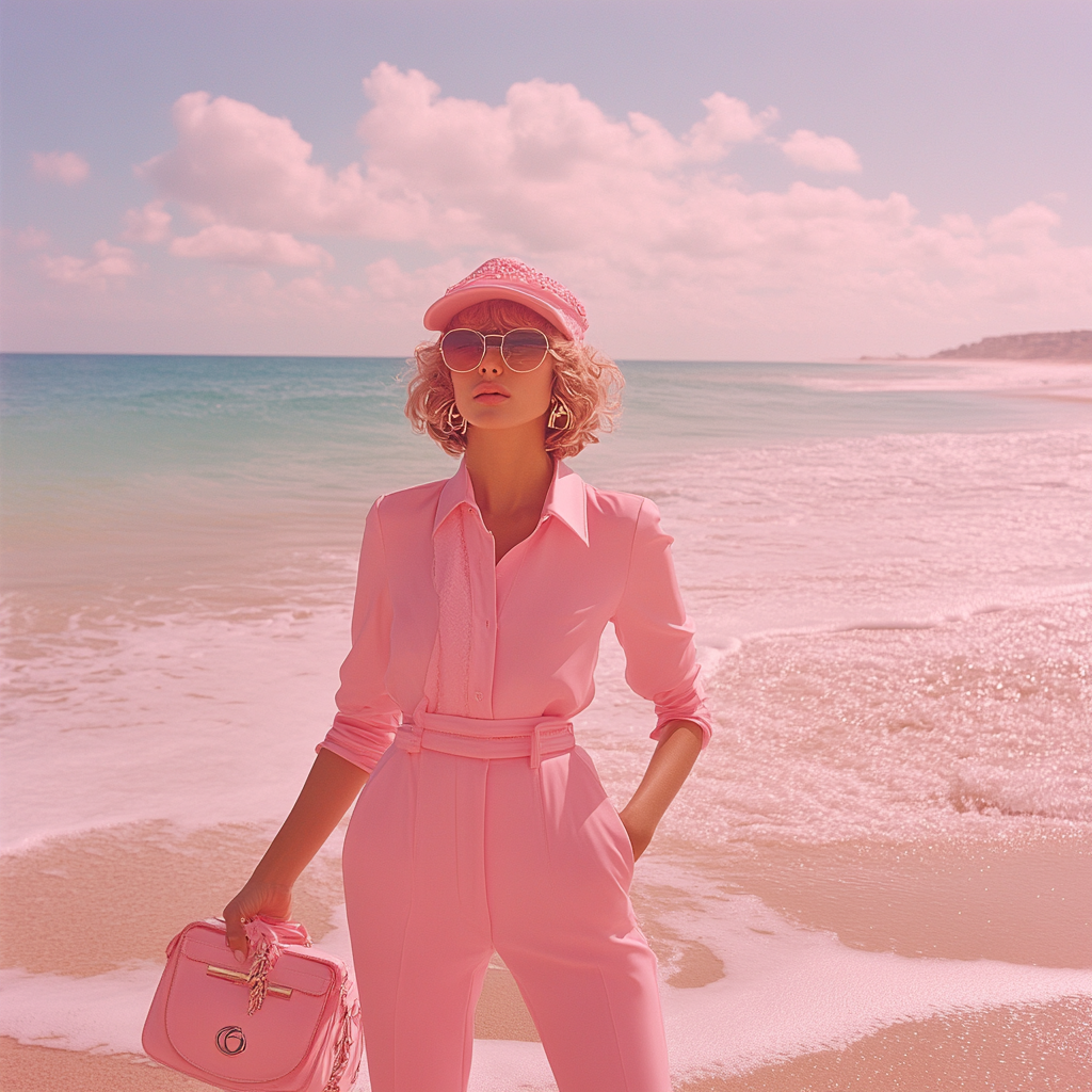 Full-length pink beach popup jewelry minimalist photo