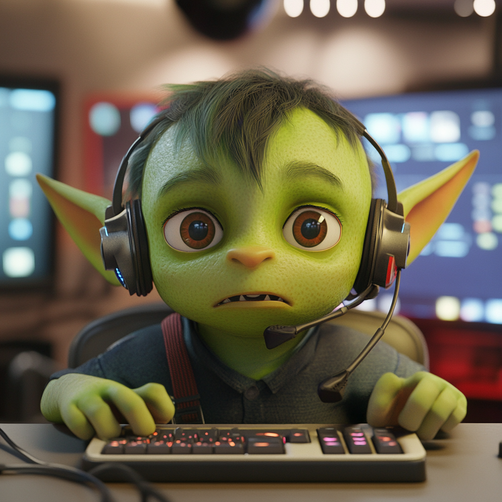 Fun Green Orc Child in Pixar Themed Call Center